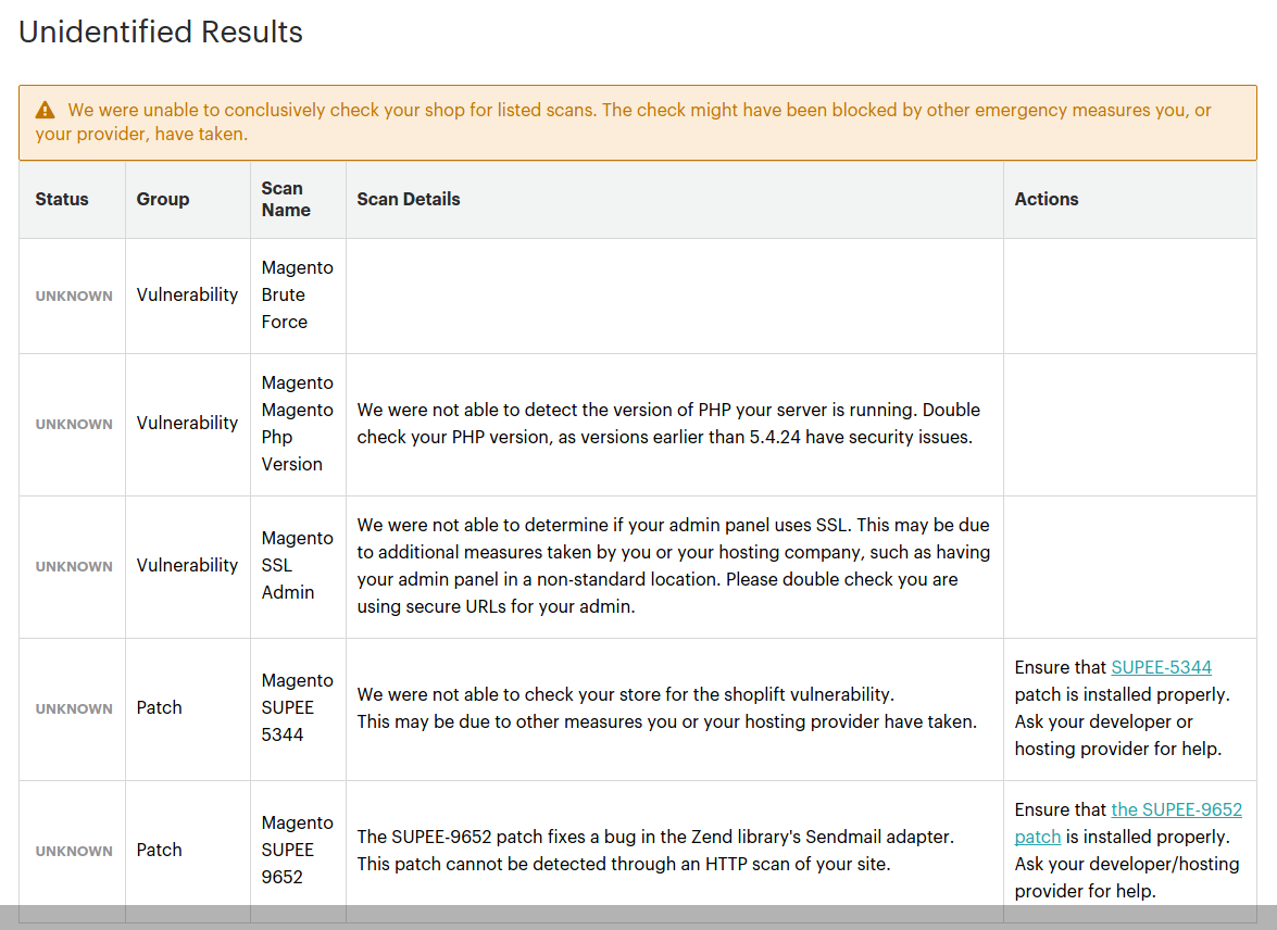 Unidentified Magento Security Scan results